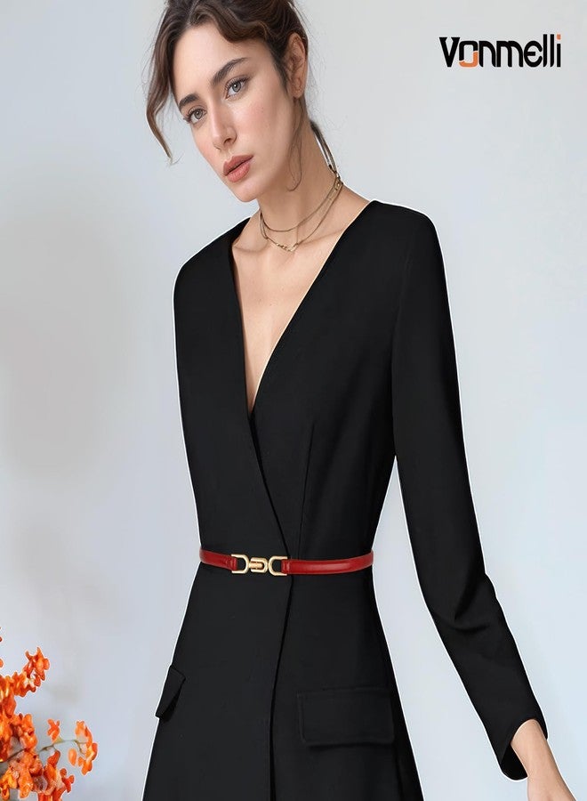 VONMELLI Women's Leather Skinny Belt for Dress Adjustable Thin Waist Belt for Ladies Red - Image 2